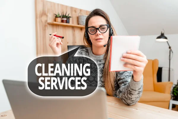 Inspiration showing sign Cleaning Services. Conceptual photo perform a variety of cleaning and maintenance duties Abstract Writing New Blog Content, Reading Online Articles And News —  Fotos de Stock