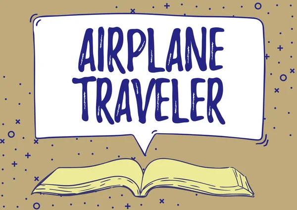 Conceptual caption Airplane Traveler. Internet Concept the action or process of making a journey by aircraft Open Book illustration With Speech Bubble Presenting A Quote Message News. — Stok fotoğraf
