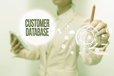 Text showing inspiration Customer Database. Business showcase uptodate on customer information records and data Business Woman Touching Digital Data On Holographic Screen Interface.