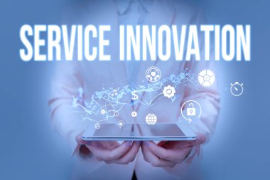 Text caption presenting Service Innovation. Business concept changing the way you serve better your customers Lady In Suit Holding Phone And Performing Futuristic Image Presentation.