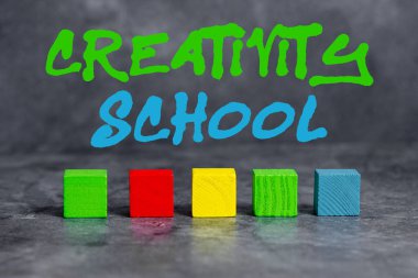 Writing displaying text Creativity School. Word for students are able to use imagination and critical thinking Stack of Sample Cube Rectangular Boxes On Surface Polished With Multi-Colour
