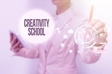 Conceptual caption Creativity School. Business overview students are able to use imagination and critical thinking Business Woman Touching Digital Data On Holographic Screen Interface.