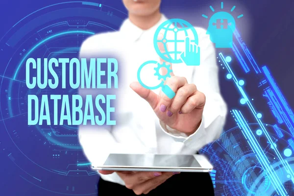 Text caption presenting Customer Database. Business idea uptodate on customer information records and data Lady In Uniform Standing Hold Phone Virtual Press Button Futuristic Tech. — Stockfoto