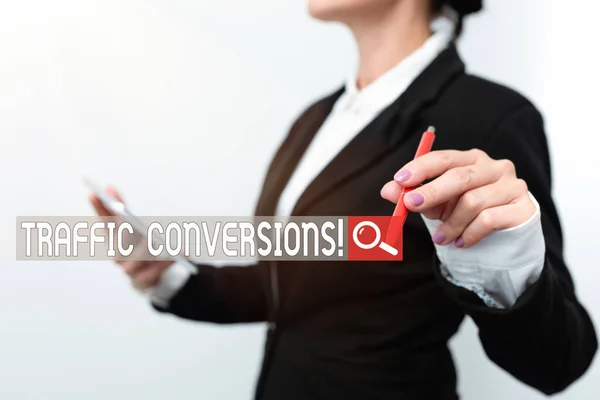 Sign displaying Traffic Conversions. Concept meaning visitor who has been converted into a client or customer Presenting New Technology Ideas Discussing Technological Improvement — Foto Stock