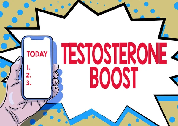 테스토스테론 부스트 (Testosterone Boost) 라는사인 이 있다. 1 차 성 호르몬의 증가와 중요 한 형성을 설명하는아 나볼 릭 스테로이드 쇼, 스마트 폰 발표를 예고하는 글 — 스톡 사진