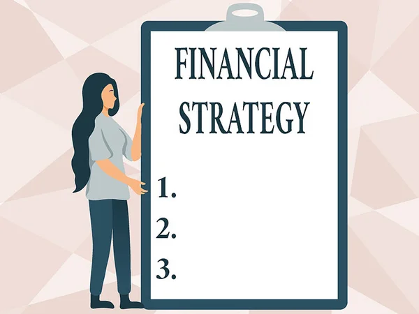 Handwriting text Financial Strategy. Business concept plan to finance its overall operations to meet objectives Woman Drawing Holding A Big Empty Clipboard Showing New Meaning. — ストック写真