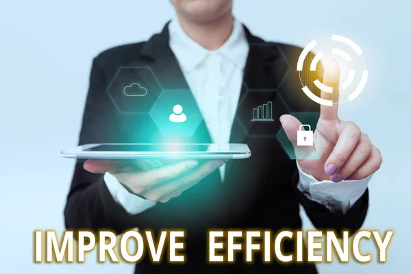 Sign displaying Improve Efficiency. Word for increase quality of being able to do a task successfully Woman In Suit Holding Tablet Pointing Finger On Futuristic Virtual Button. — Photo