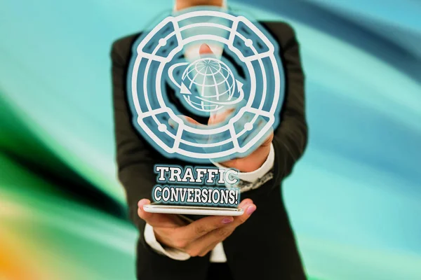 Text showing inspiration Traffic Conversions. Business overview visitor who has been converted into a client or customer Lady In Uniform Holding Tablet In Hand Virtually Tapping Futuristic Tech. — Foto Stock