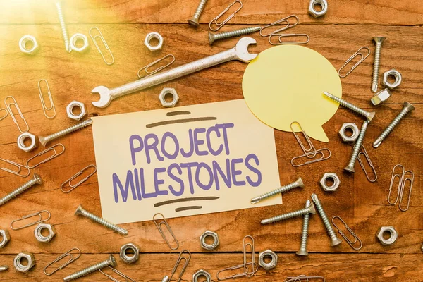 Sign displaying Project Milestones. Business approach duration that shows an important achievement in a project New Ideas Brainstoming Maintenance Planning Creative Thinking Paper Clip — Φωτογραφία Αρχείου