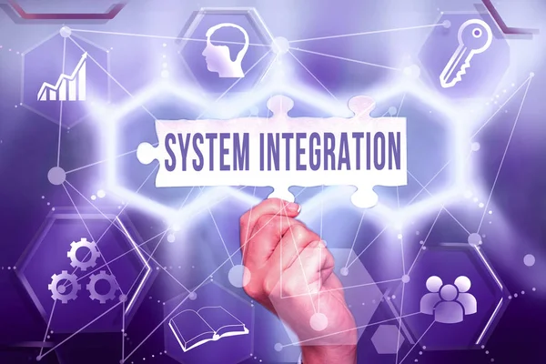 Text showing inspiration System Integration. Word for process of bringing together the component subsystem Hand Holding Jigsaw Puzzle Piece Unlocking New Futuristic Technologies. — Photo