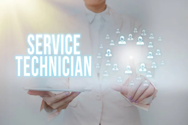 Inspiration showing sign Service Technician. Concept meaning Managing all on site installation and repair task Lady Holding Tablet Pressing On Virtual Button Showing Futuristic Tech. — Foto de Stock