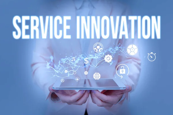 Text caption presenting Service Innovation. Business concept changing the way you serve better your customers Lady In Suit Holding Phone And Performing Futuristic Image Presentation. — Photo