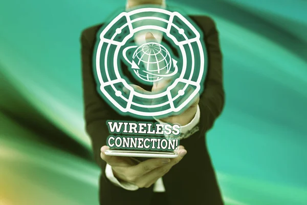 Inspiration showing sign Wireless Connection. Conceptual photo there is no physical wired connection between networks Lady In Uniform Holding Tablet In Hand Virtually Tapping Futuristic Tech. — ストック写真