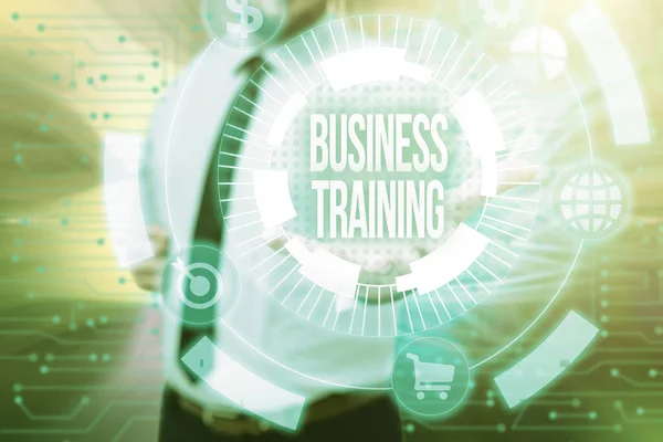 Sign displaying Business Training. Word for increasing the knowledge and skills of the workforce Gentelman Uniform Standing Holding New Futuristic Technologies. — Foto de Stock