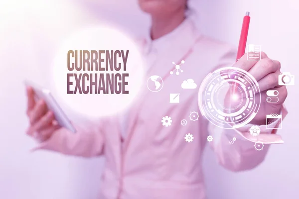 Conceptual caption Currency Exchange. Concept meaning rate at which one currency will be exchanged for another Business Woman Touching Digital Data On Holographic Screen Interface. — Foto Stock