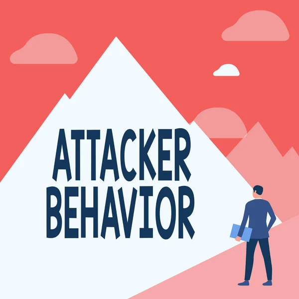 Sign displaying Attacker Behavior. Concept meaning analyze and predict the attacker behavior of the attack Gentleman In Suit Standing Holding Notebook Facing Tall Mountain Range. — Photo