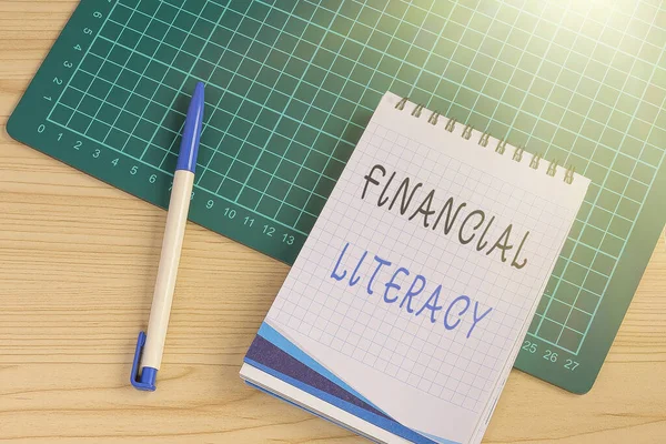 Text sign showing Financial Literacy. Word for education and understanding of various financial areas Multiple Assorted Collection Office Stationery Photo Placed Over Table