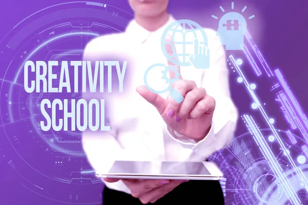 Inspiration showing sign Creativity School. Business concept students are able to use imagination and critical thinking Lady In Uniform Standing Hold Phone Virtual Press Button Futuristic Tech. — Φωτογραφία Αρχείου