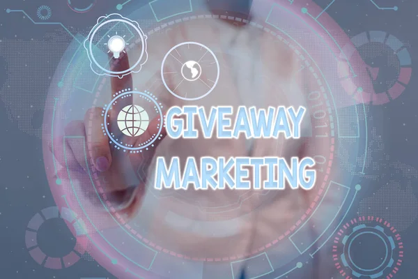 Conceptual display Giveaway Marketing. Word for distribution of free merchandise to promote your business Lady In Uniform Holding Tablet In Hand Virtually Tapping Futuristic Tech.
