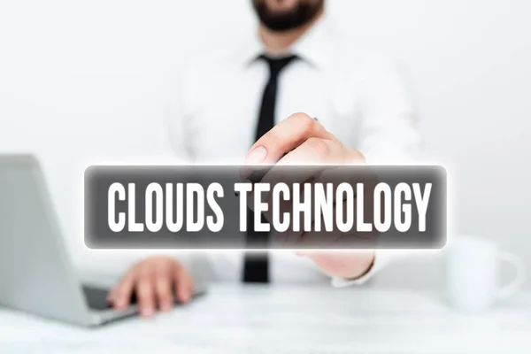 Writing displaying text Clouds Technology. Internet Concept resources aretrieved from the internet through webbased Remote Office Work Online Presenting Business Plan And Designs — Foto de Stock