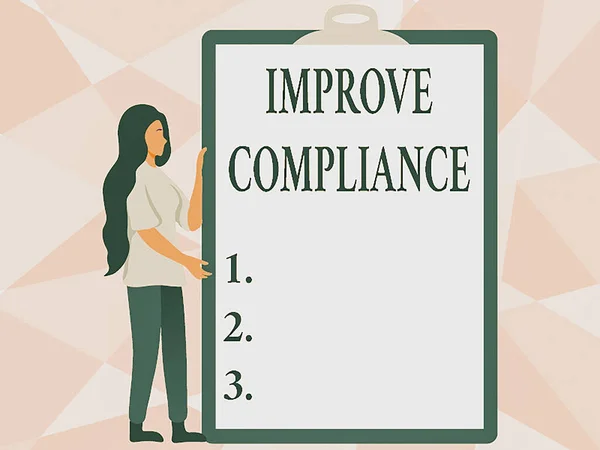 Inspiration showing sign Improve Compliance. Business overview action or fact of complying with a wish or command Woman Drawing Holding A Big Empty Clipboard Showing New Meaning. — Photo
