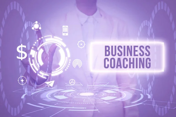 Text sign showing Business Coaching. Internet Concept providing support and occasional advice to an individual Lady In Uniform Holding Tablet In Hand Virtually Tapping Futuristic Tech. — Foto de Stock