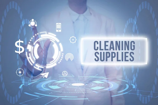 Text caption presenting Cleaning Supplies. Business idea substances usually liquids used to remove dirt and dust Lady In Uniform Holding Tablet In Hand Virtually Tapping Futuristic Tech. — Photo