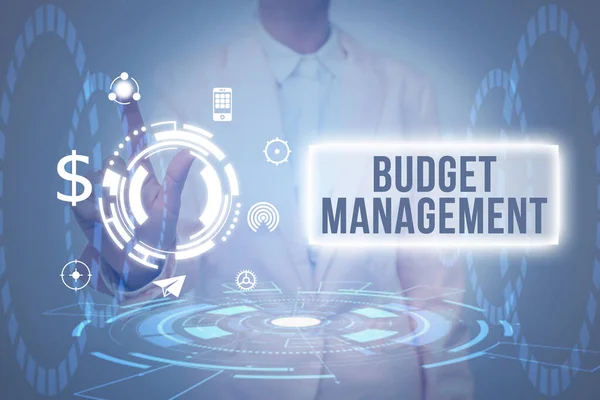 Inspiration showing sign Budget Management. Business idea designing and implementing budget processes of a person Lady In Uniform Holding Tablet In Hand Virtually Tapping Futuristic Tech. — Photo