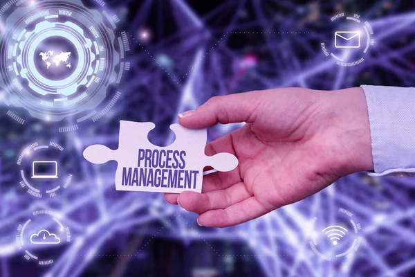 Conceptual caption Process Management. Concept meaning aligning processes with an organization s is strategic goals Hand Holding Jigsaw Puzzle Piece Unlocking New Futuristic Technologies. — Stockfoto