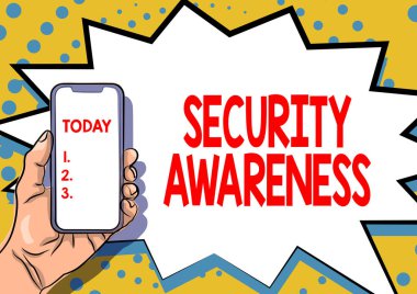 Metin Güvenlik Bilinci gösterimi yazılıyor. Çalışanları bilgisayar güvenliği hakkında eğitme fikri Önemli Bilgiler Gösterme, Akıllı Telefon Bildirimleri Sunma