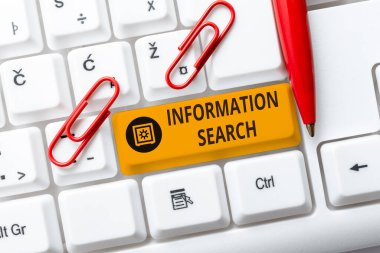 Bilgi Araması sunan metin başlığı. Kullanıcıya sunulan kavramsal fotoğraf seçenekleri Çevrimiçi Turist Rehberi, İnternet Fikirleri ve Tasarımları Aranıyor