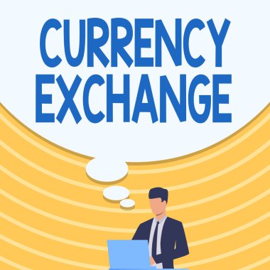 Döviz borsasını gösteren ilhamlar. Bir para biriminin başka bir Takım Elbiseli İşadamı Büyük Fikir Baloncuklu Dizüstü Bilgisayarı kullanarak takas edileceği iş genel değerlendirmesi oranı.