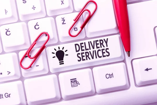 Text sign showing Delivery Services. Business overview the transport of items between two or more parties Publishing Typewritten Fantasy Short Story, Typing Online Memorandum — Stockfoto