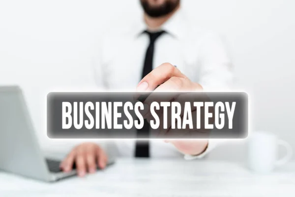 Text sign showing Business Strategy. Business overview working plan of a business for achieving its vision Remote Office Work Online Presenting Business Plan And Designs — Foto de Stock