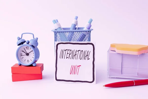 Text caption presenting International Unit. Business approach the internationally accepted amount of a substance Tidy Workspace Setup Writing Desk Tools And Equipment Time Management — Foto de Stock