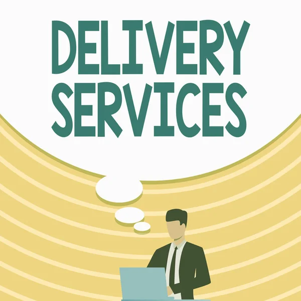 Konzeptionelle Bildunterschrift: Delivery Services. Konzeptfoto der Transport von Gegenständen zwischen zwei oder mehr Parteien Geschäftsmann in Anzug Zeichnung mit Laptop mit großer Ideenblase. — Stockfoto
