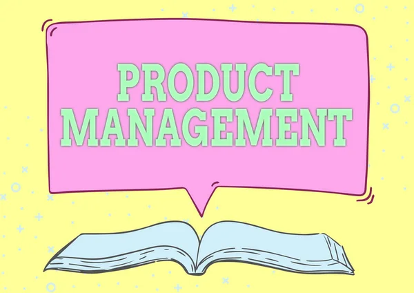 Sign displaying Product Management. Business idea organisational lifecycle function within a company Open Book illustration With Speech Bubble Presenting A Quote Message News.