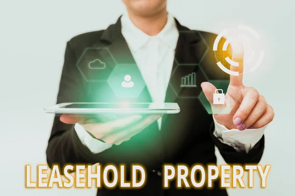 Conceptual caption Leasehold Property. Concept meaning ownership of a temporary right to hold land or property Woman In Suit Holding Tablet Pointing Finger On Futuristic Virtual Button. — Stock Photo, Image