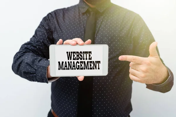 Conceptual caption Website Management. Word for control of the hardware and software used in a website Presenting New Technology Ideas Discussing Technological Improvement — Stock Photo, Image