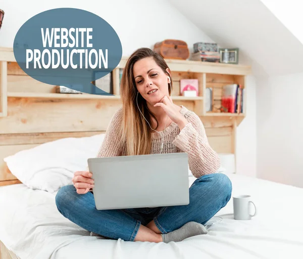 Text sign showing Website Production. Concept meaning process of creating websites and it s is components Reading Interesting Articles Online, Solving Internet Problems — Stock Photo, Image