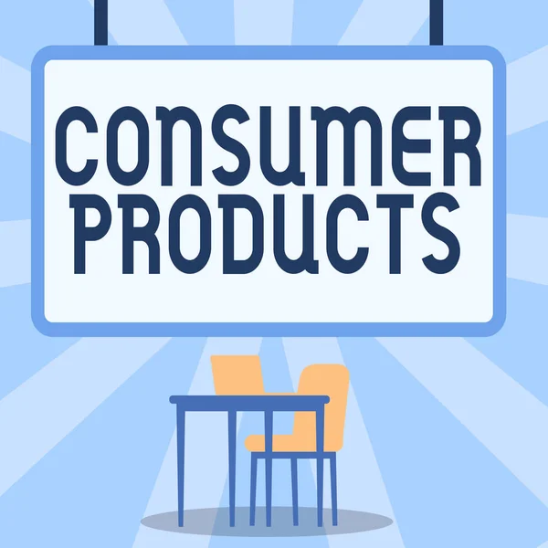 Sign displaying Consumer Products. Internet Concept goods bought for consumption by the average consumer Blank Whiteboard With Laptop Placed On Top Of Table With Chair. — Stock Photo, Image