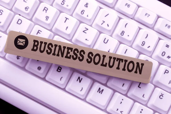 Conceptual caption Business Solution. Business overview ideas used to help a company achieve its objectives Connecting With Online Friends, Making Acquaintances On The Internet — Stock Photo, Image