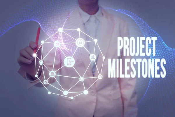 Text sign showing Project Milestones. Business showcase duration that shows an important achievement in a project Lady In Uniform Holding Tablet In Hand Virtually Typing Futuristic Tech. — 图库照片