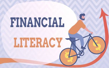 Metin gösterimi, Mali Edebiyat. İnternet Kavramsal Eğitimi ve çeşitli finansal alanları anlama İnsan Dolar İşareti Tekerlekleri Yukarı Giden Bisiklet Çiziyor.