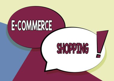 E Ticaret Alışverişini sunan metin başlığı. İş genel görünümü doğrudan web üzerinden bir satıcıdan mal veya hizmet satın alır İki Renkli Üst üste Konuşma Baloncuğu Ünlem İşaretli Çizim.