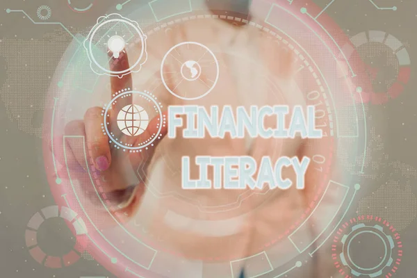 Handwriting text Financial Literacy. Word Written on education and understanding of various financial areas Lady In Uniform Holding Tablet In Hand Virtually Tapping Futuristic Tech.