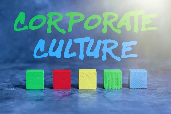 Text sign showing Corporate Culture. Business overview beliefs and attitudes that characterize a company Stack of Sample Cube Rectangular Boxes On Surface Polished With Multi-Colour
