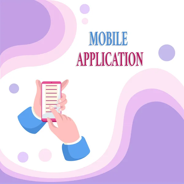 Text caption presenting Mobile Application. Business approach application software designed to run on a mobile device Abstract Spreading Message Online, Global Connectivity Concepts