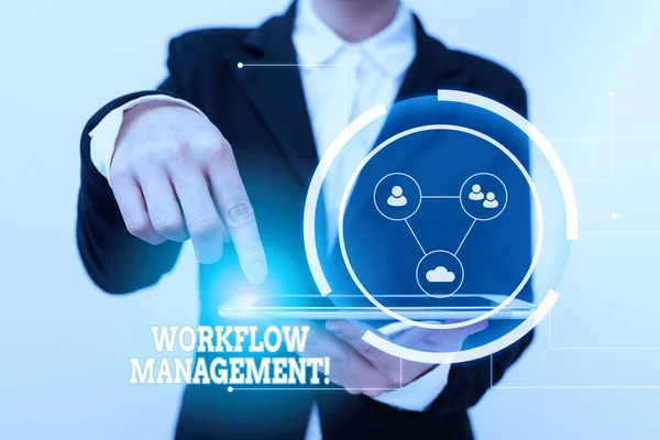 Text sign showing Workflow Management. Business idea the execution and automation of business processes Lady In Suit Pointing On Tablet Showing Futuristic Graphic Interface. — Stock Photo, Image