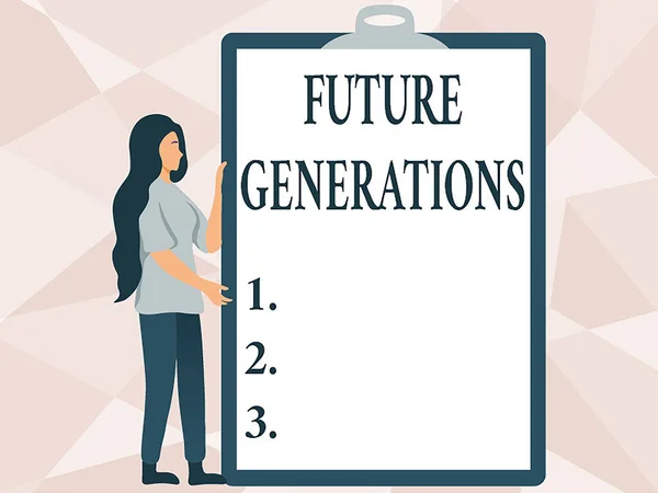 Text, der Inspiration für zukünftige Generationen zeigt. Word for generations after the current living generation Woman Drawing Holding A Big Leer Clipboard zeigt neue Bedeutung. — Stockfoto